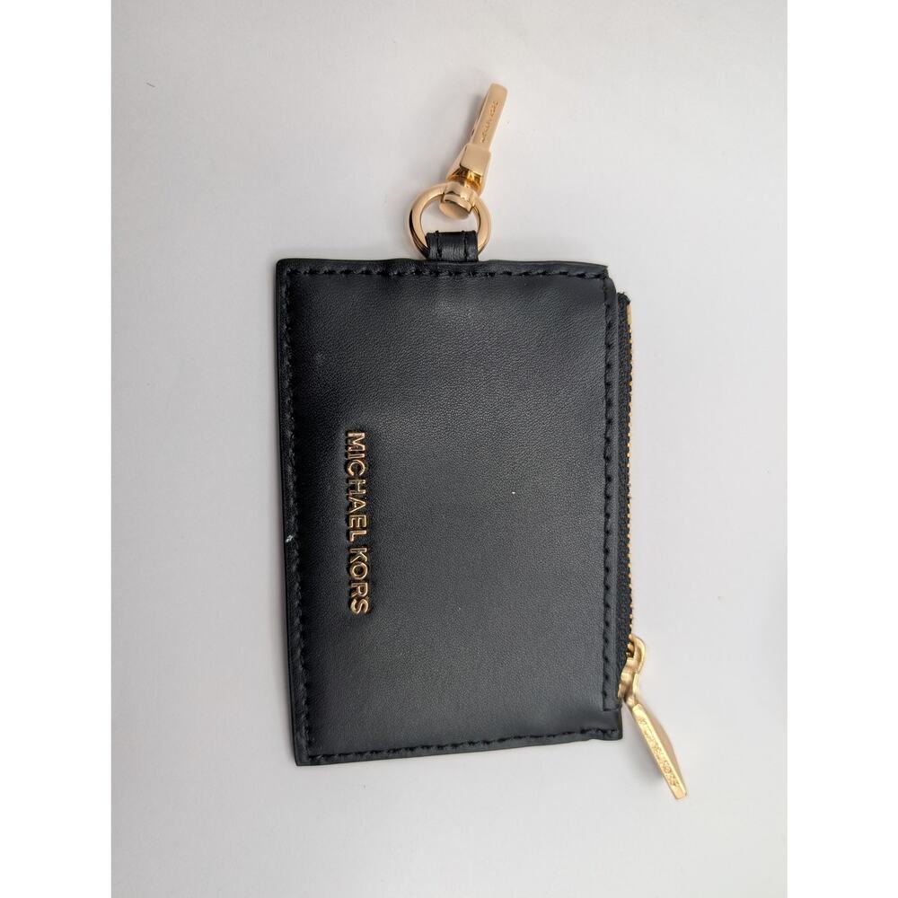 Michael Kors Black Leather Card Case ID Wallet Gold Zip Keychain Lanyard Holder
